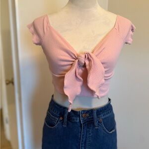 SHEIN Pink Ribbed Knot-Front Crop Top